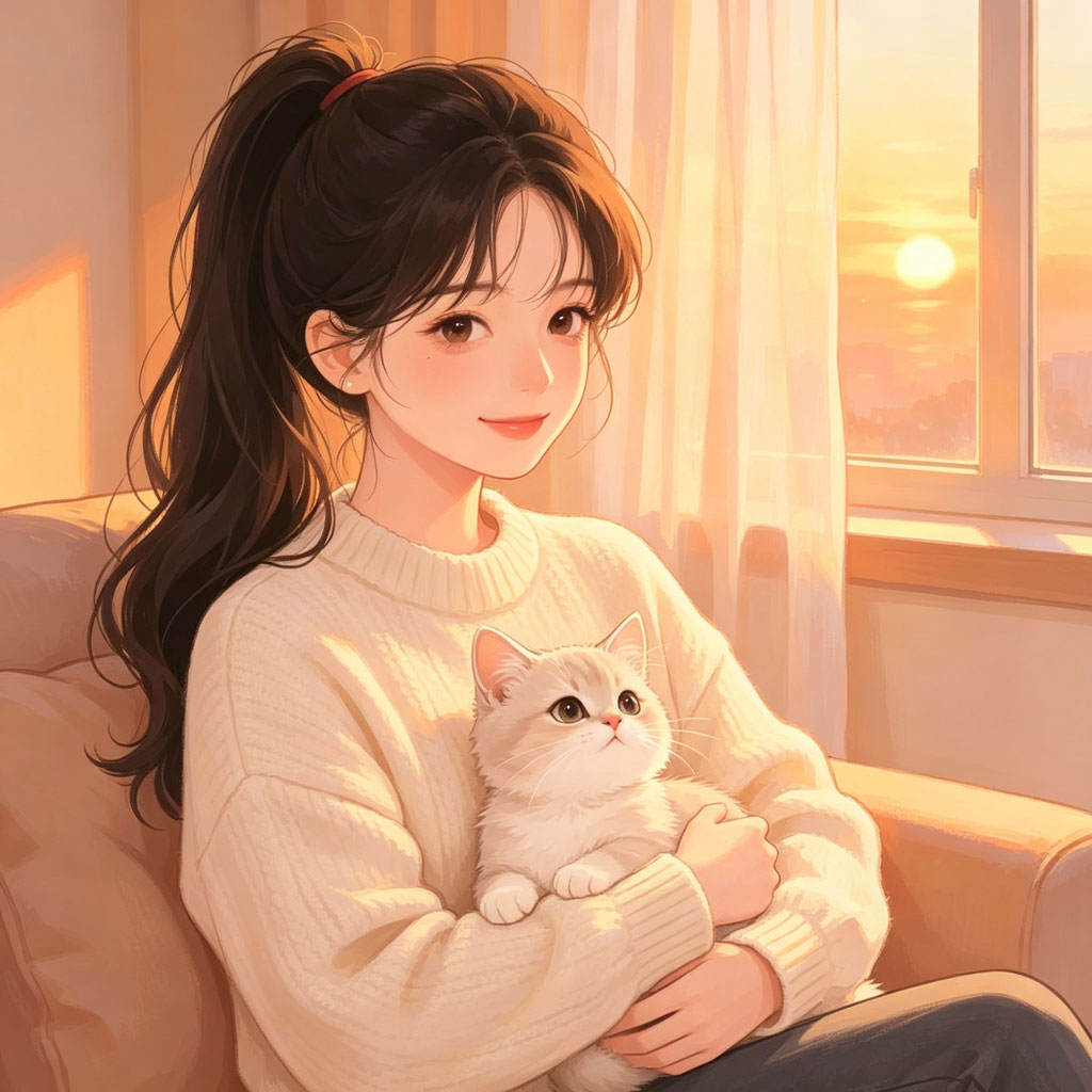 暖光抱猫女生手绘头像
