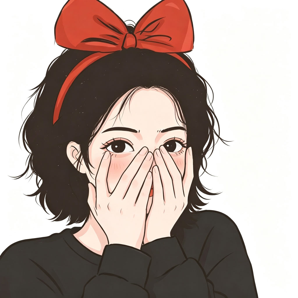 红蝴蝶结捂嘴女生手绘头像